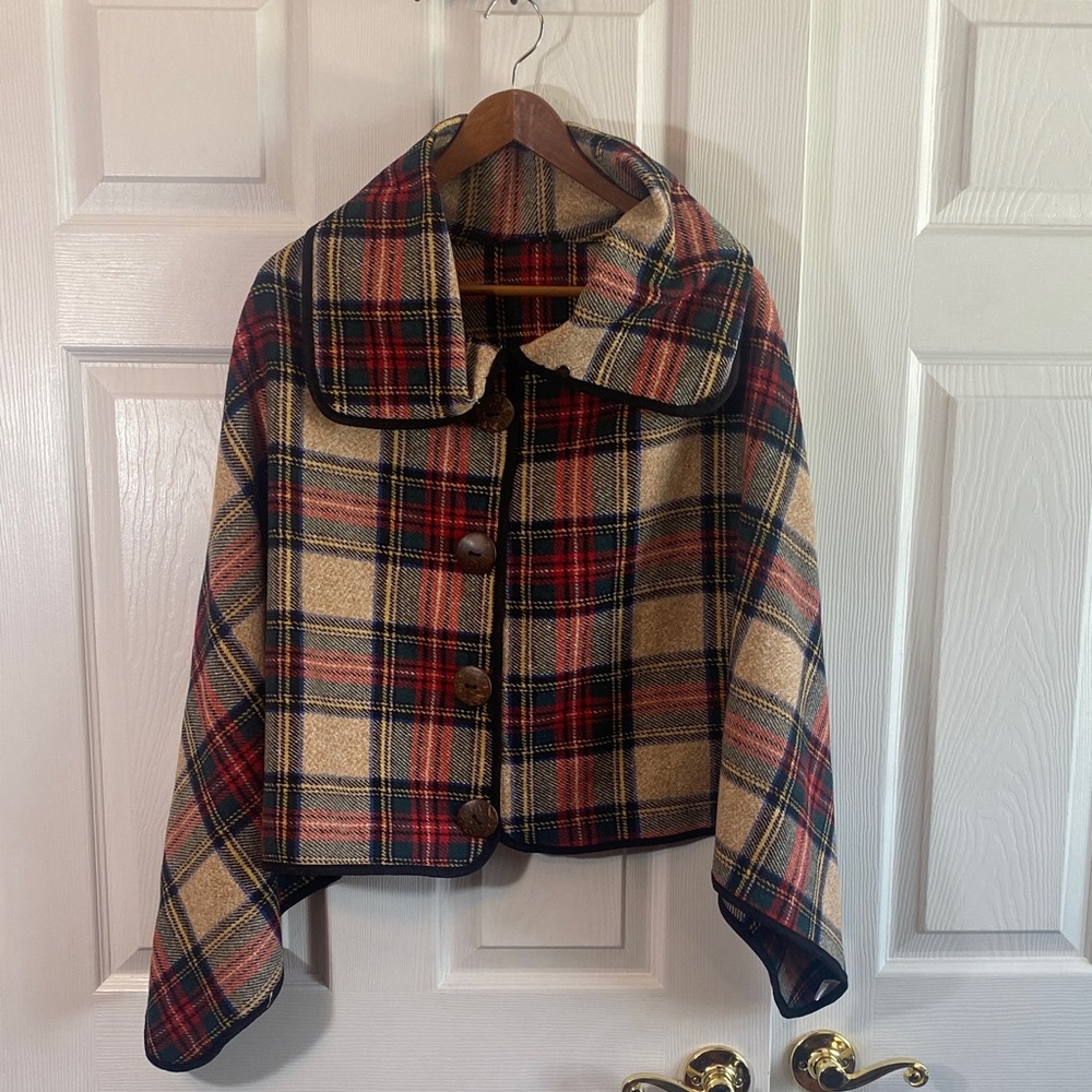 OS Cape plaid Eloquent Plaid Short Cape Coat in Red and Tan one size OS